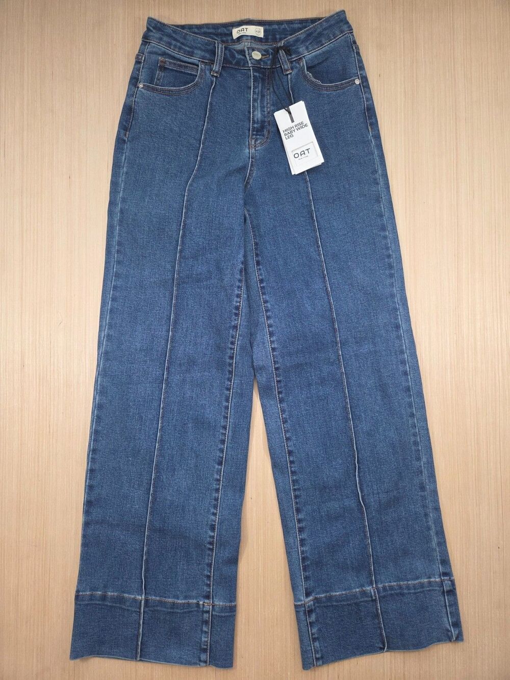 OAT New York Women's 4/27 Denim High Rise Baby Wide Leg Blue Jeans Pintuck Seams